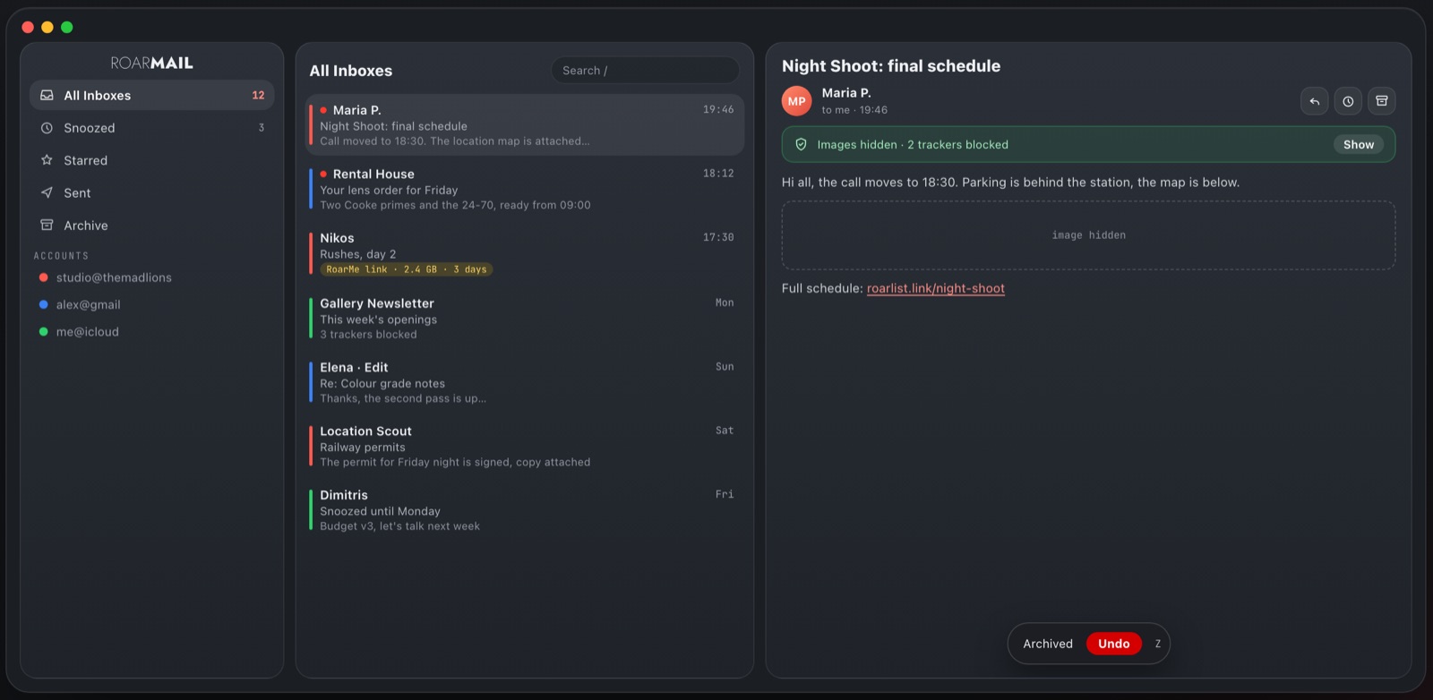RoarMail on a computer: All Inboxes, a message with its trackers blocked