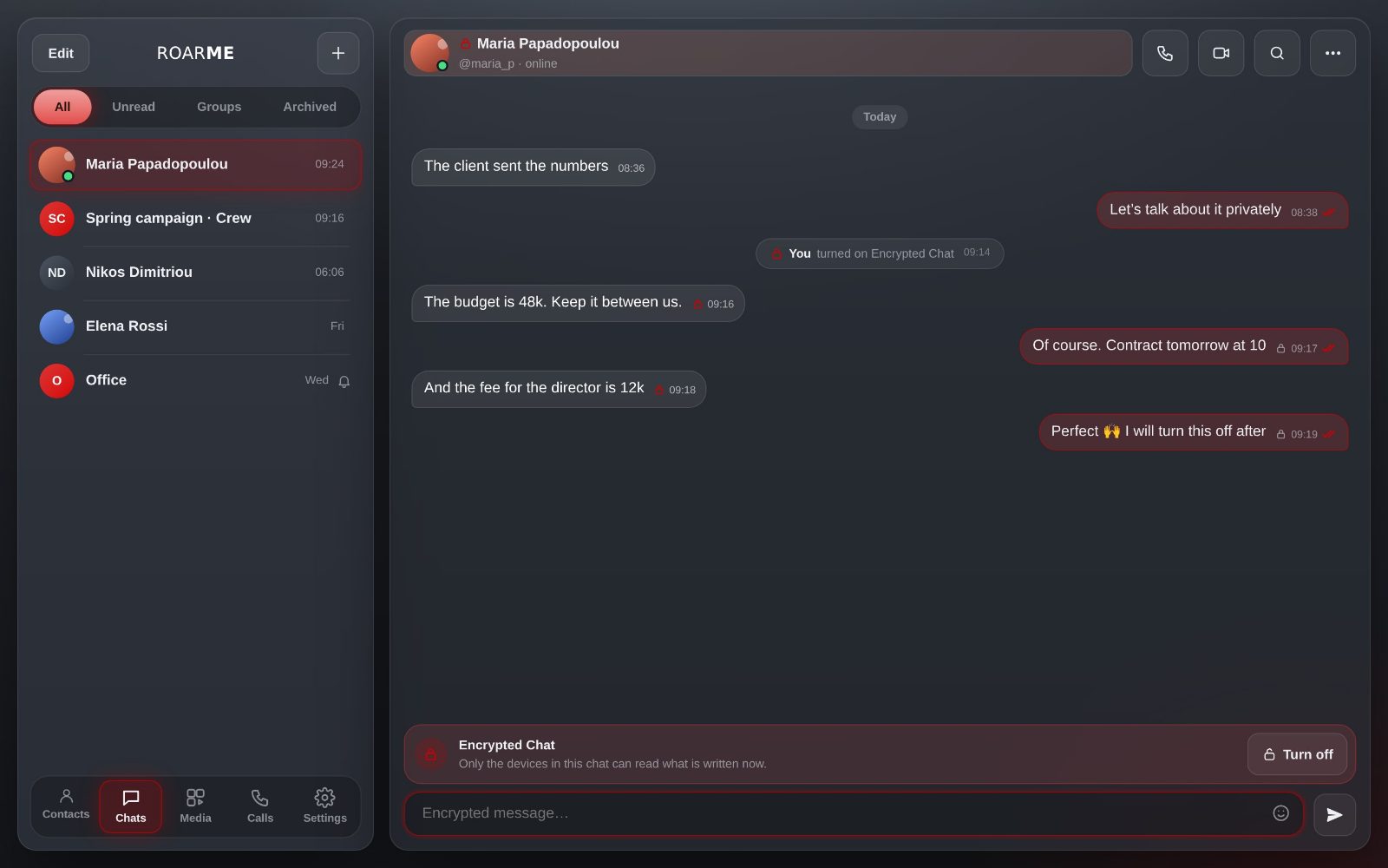 RoarMe on a computer: a chat with Encrypted Chat turned on