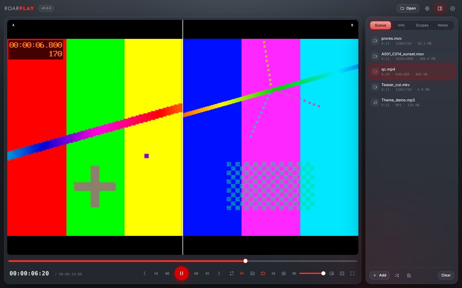 RoarPlay comparing two files as a wipe, A on the left and B on the right, locked to the same clock