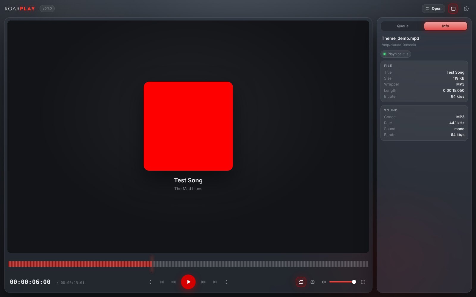 RoarPlay playing a song: the cover, the waveform and the file's facts
